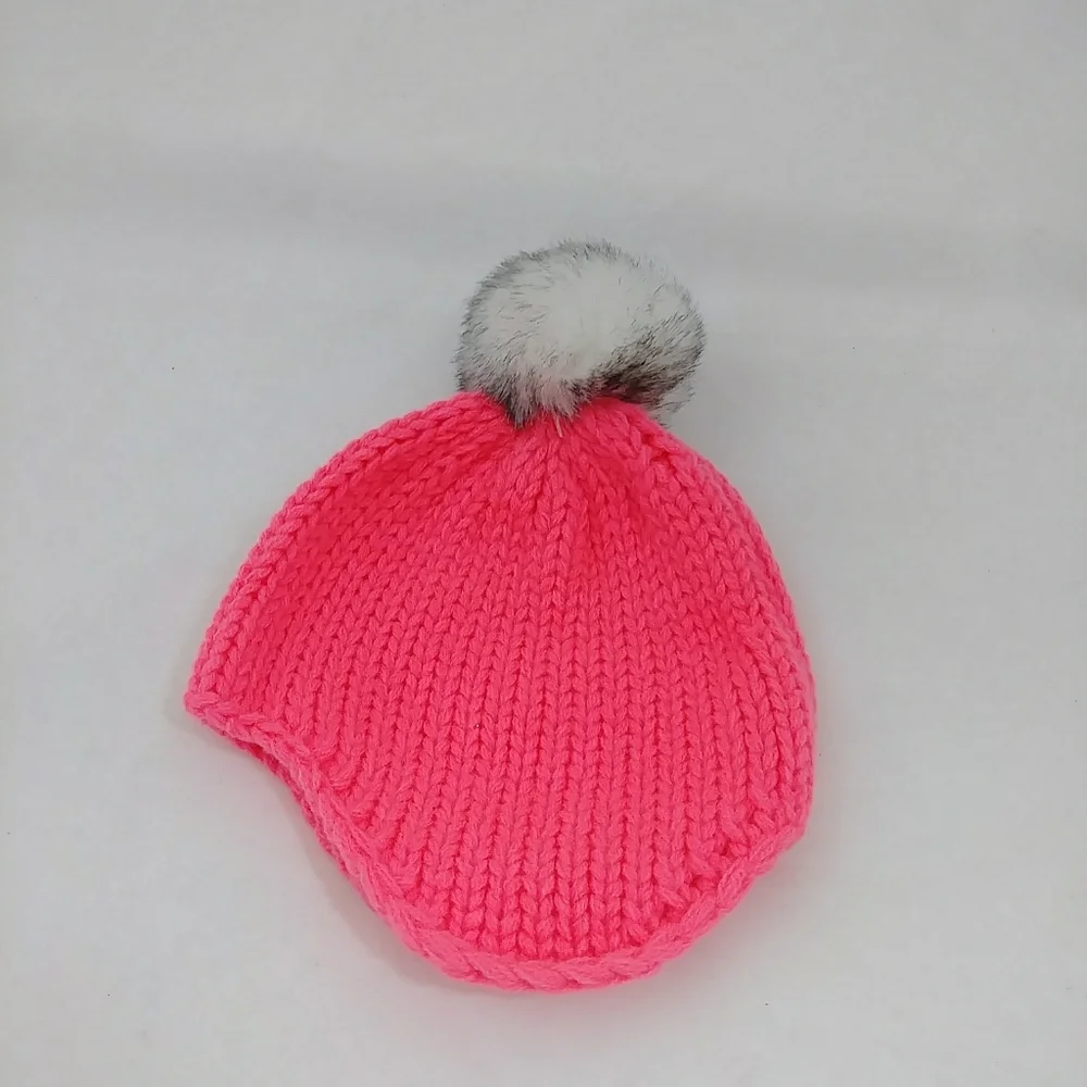 Toddler Girls' Knit Beanie with Faux Fur Pom New Neon Pink